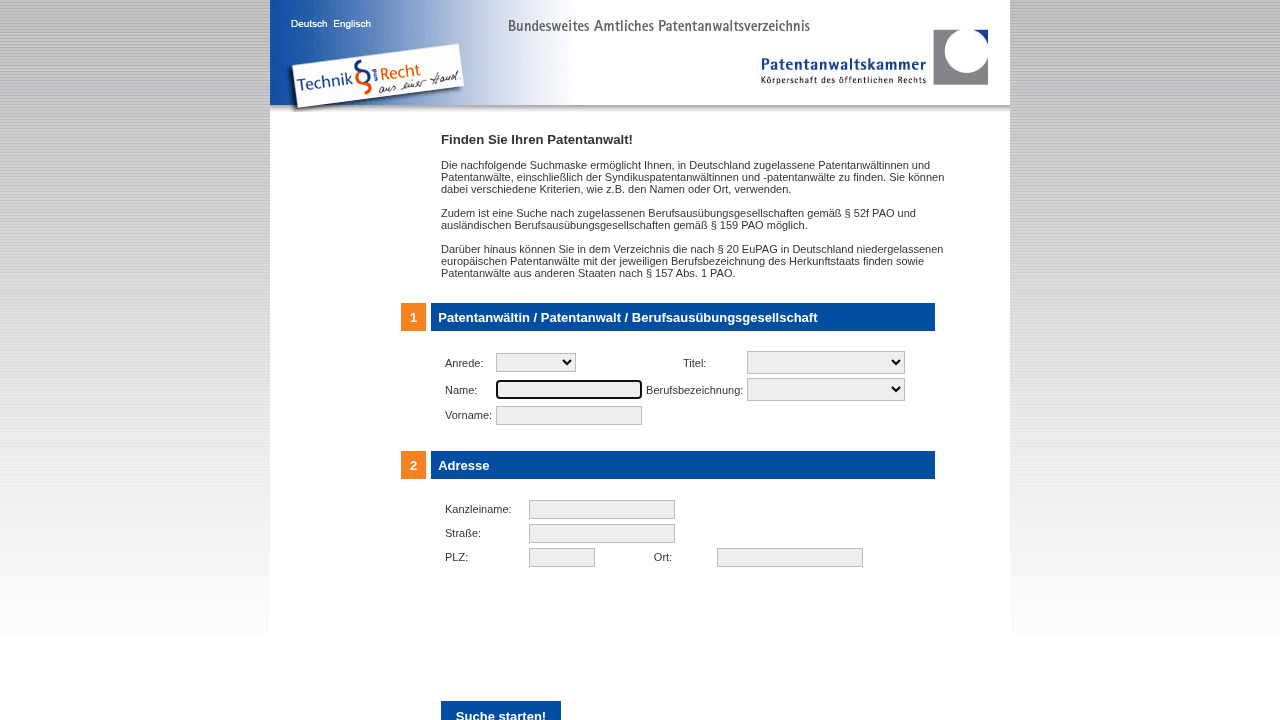 Screenshot von Patentanwaltsregister